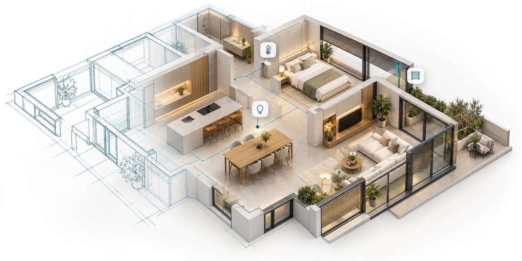 Architectural floor plan becoming a connected home with lighting, blinds and climate control